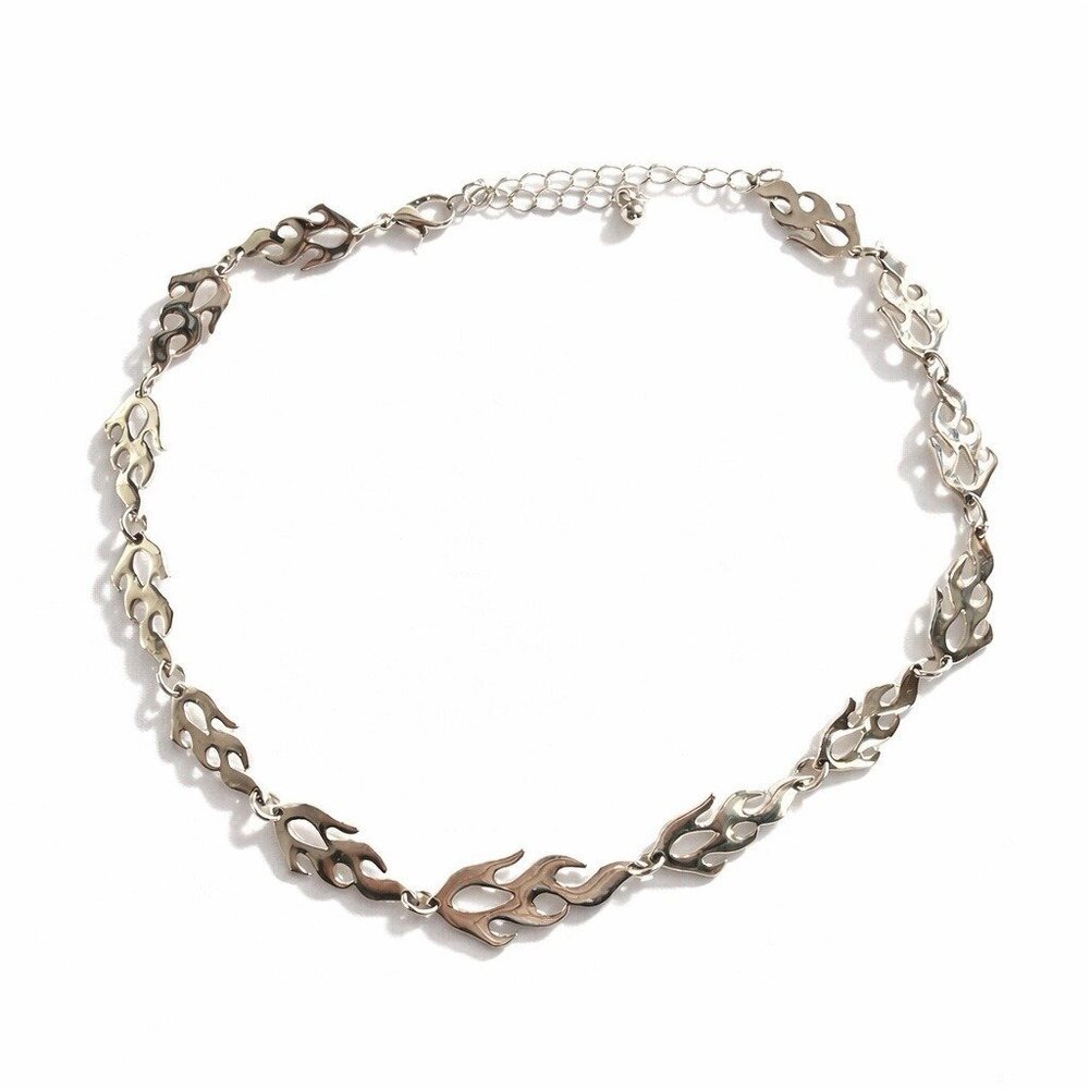 Silver Tone Flame Link Choker Necklace 13-16 Inch